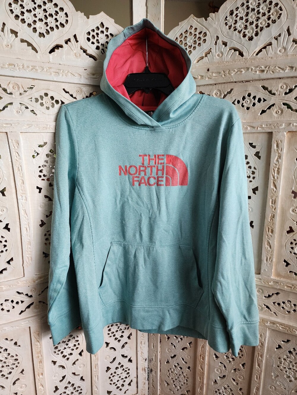 The North Face Pullover Hoodie Sweater- Heathered Teal & Pink- Womens Size XL